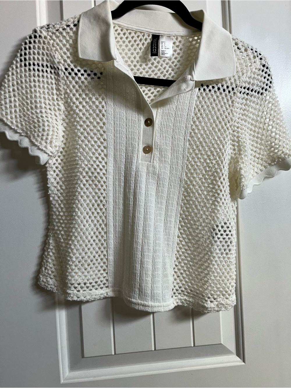H&M Cream Crochet Polo Knit Top